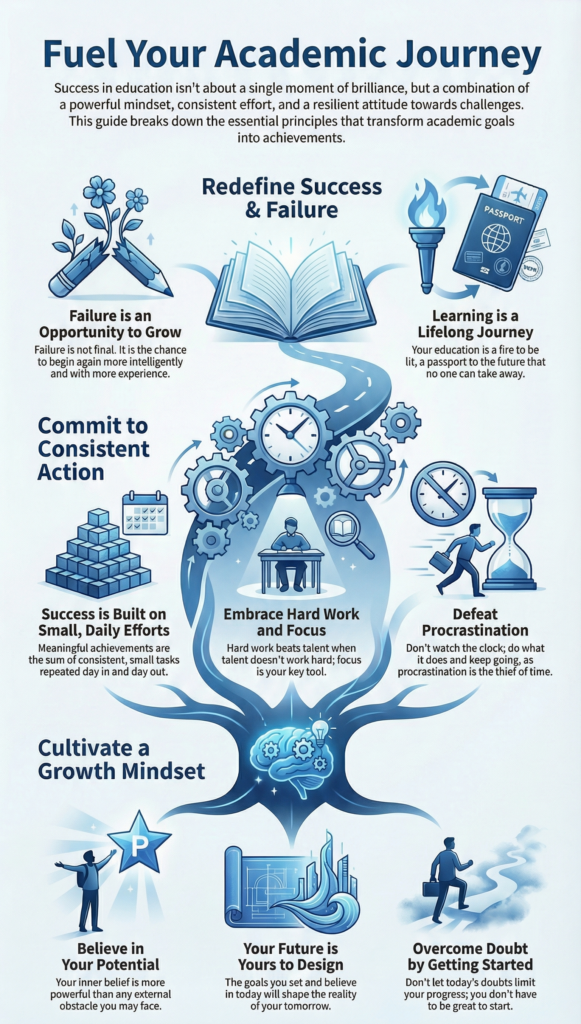 Infographic of motivational quotes for students featuring principles like redefining success and failure, embracing lifelong learning, committing to consistent action, defeating procrastination, cultivating a growth mindset, believing in your potential, designing your future, and overcoming self-doubt—illustrated with icons of books, clocks, gears, calendars, blueprints, and students taking action.